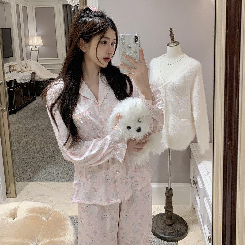 欧若拉睡衣女【奶芙甜心】定制款甜美减龄猫咪冰丝长袖长裤家居服