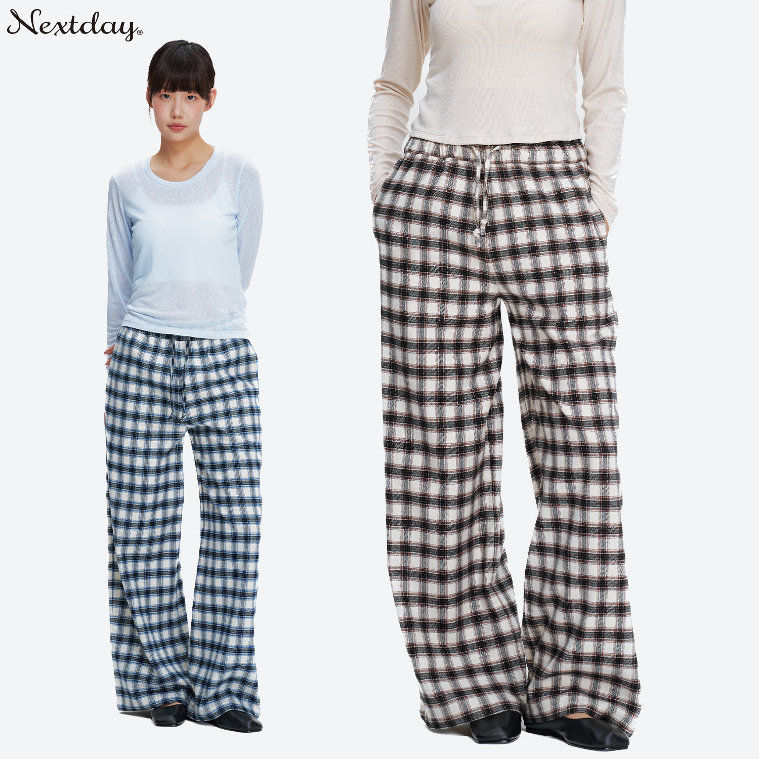 nextday纯棉「复古磨毛」中低腰格子裤百搭宽松阔腿休闲裤女卫裤,女装/女士精品,休闲裤,淘宝优惠券,粉丝福利购,淘宝优惠卷