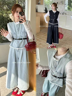 韩系设计感拼接蕾丝收腰牛仔马甲+显瘦百搭九分阔腿裤套装配腰带