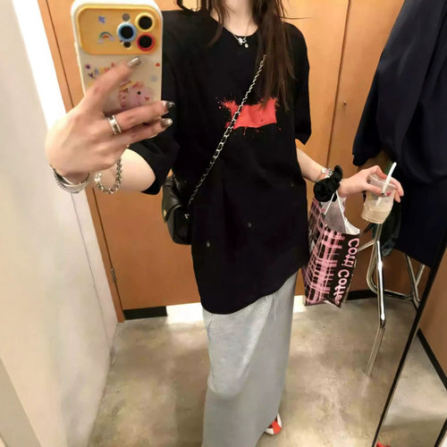美式宽松慵懒风黑色短袖t恤女2026夏季新款时尚简约印花半袖上衣