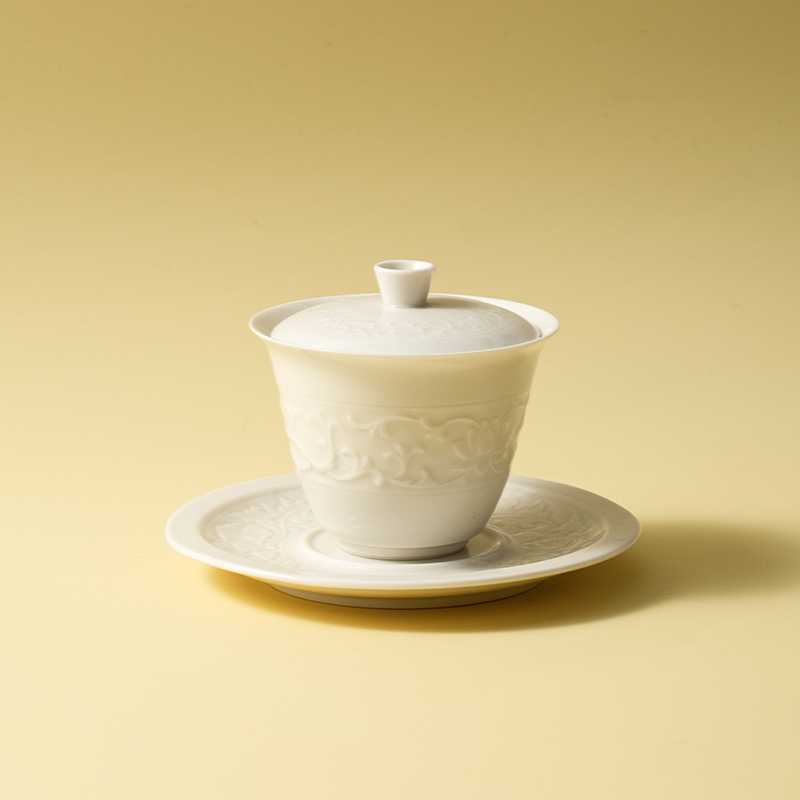 定窑 浮雕薄胎盖碗三才不烫手家用泡茶杯功夫茶具手工盖碗复古