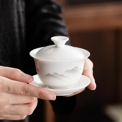 冰种玉瓷三才盖碗德化高端泡茶