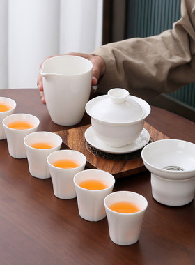 羊脂玉瓷功夫茶具十件套德化白瓷家用泡茶套装整套盖碗泡茶套组