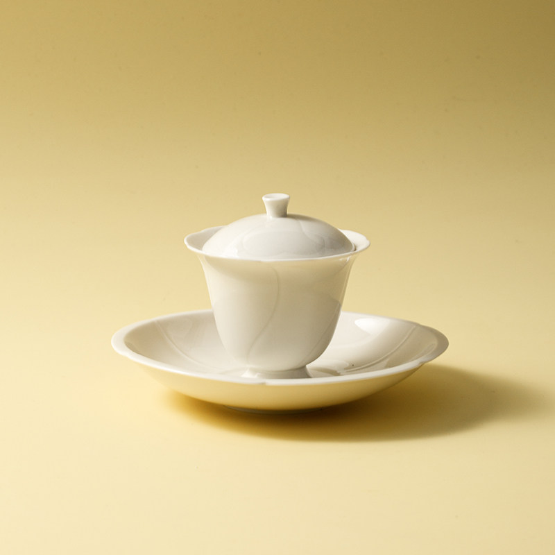 定窑 手工高足盖碗花口三才薄胎泡茶碗 复古陶瓷功夫茶具泡茶杯