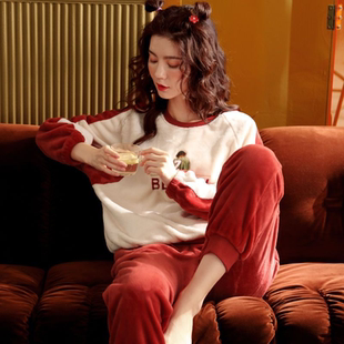 朵婷珊瑚绒睡衣女款秋冬季长袖加厚加绒保暖圆领套头家居服套装可