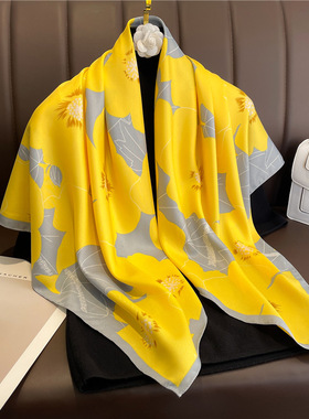 新中式明黄色花朵拼色遮阳超大方围丝巾90cm旅游防晒披肩头巾女
