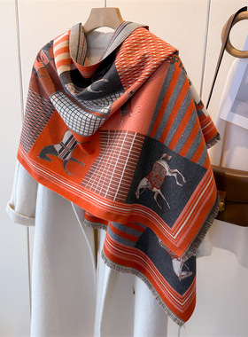 欧美奢华橙色马车双面感保暖围脖披肩两用通勤百搭仿羊绒流苏围巾