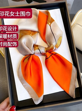 优雅印花银杏叶旅游防晒保暖仿真丝女士小方围巾百搭领巾绑发头巾