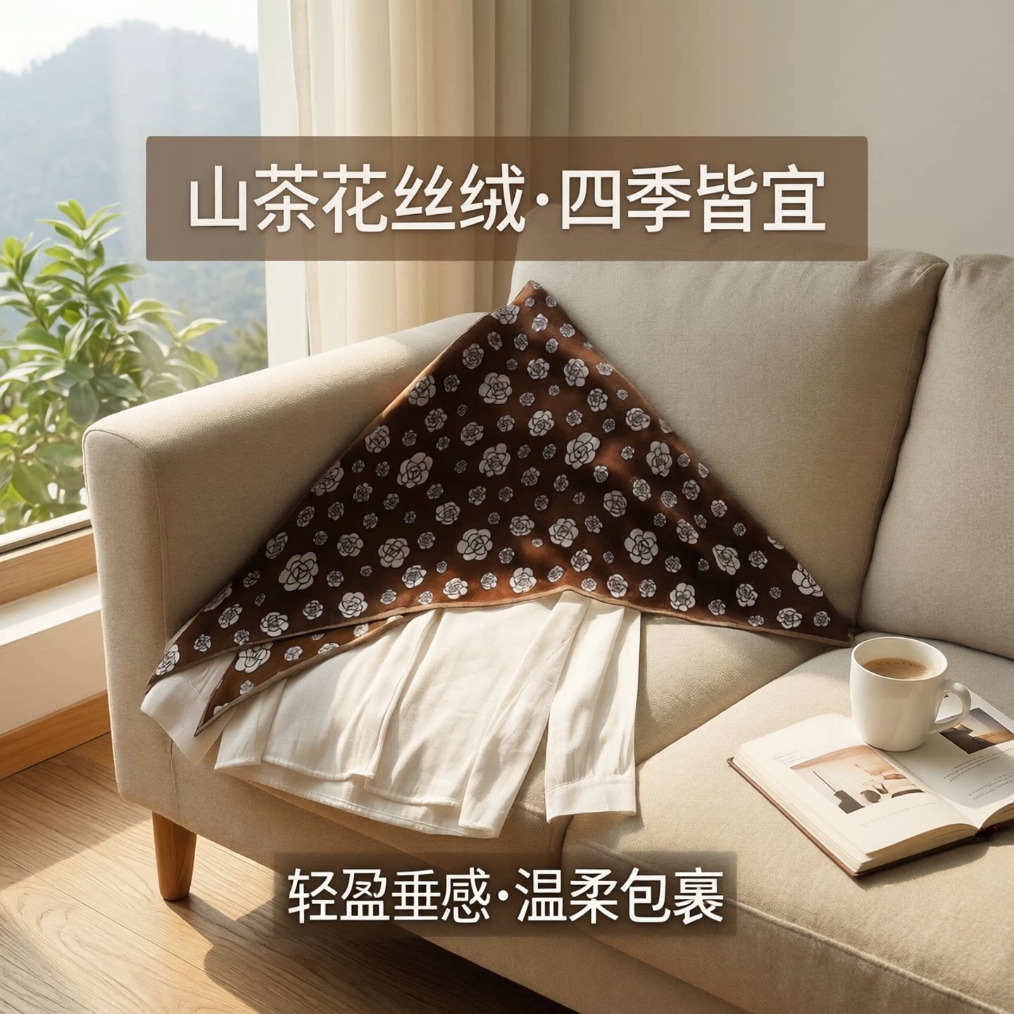春夏山茶花人字纹丝绒三角巾披肩时尚旅游外搭领巾头巾秋冬围巾女