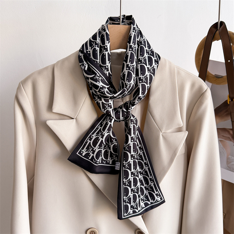 简约气质双层围巾飘带绑包装饰西装领巾小长条发带丝巾女印花窄细