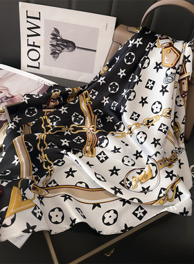 老花丝巾女围巾奢侈拼色洋气百搭护颈围脖防晒披肩仿真丝方巾70cm