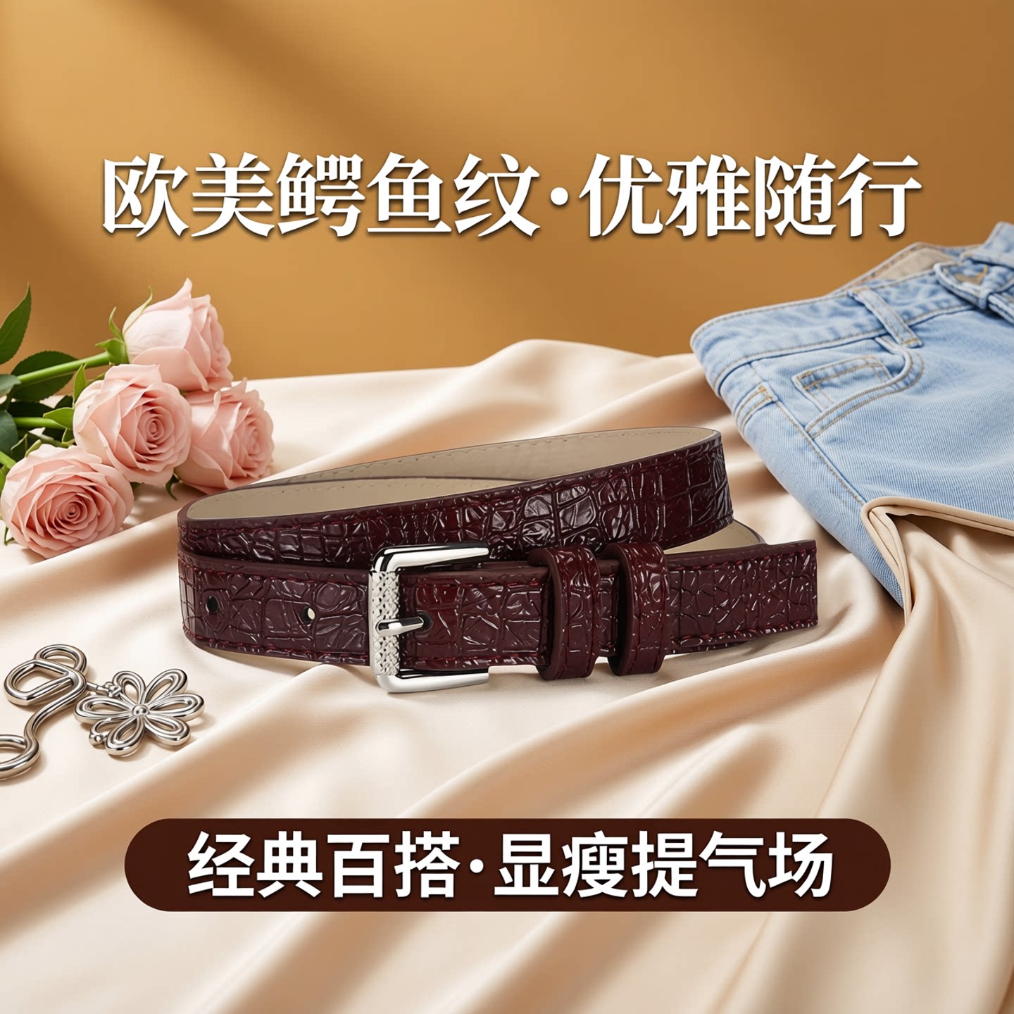 欧美鳄鱼皮女士浅色粉蓝金银驼黑色装饰腰带搭连衣裙牛仔裤皮带