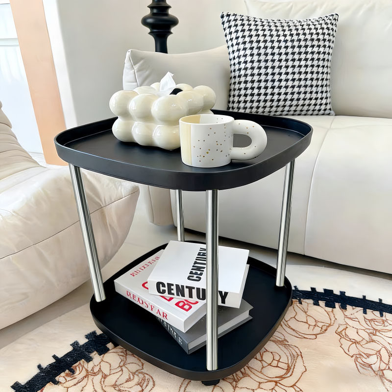 新款小桌子现代简约双层不锈钢小茶几可移动带轮沙发边几置物架