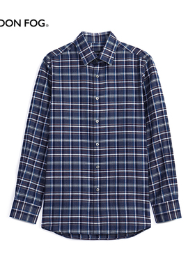 伦敦雾男士休闲长袖衬衫商务磨毛大格子深蓝色舒适百搭秋冬上衣男
