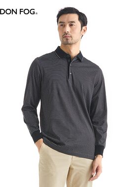 伦敦雾男士秋季商务休闲丝光棉长袖条纹T恤衫黑色翻领POLO衫上衣