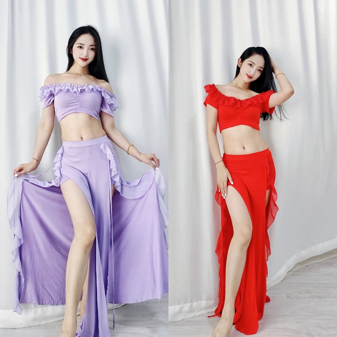 swegal肚皮舞练功服莫代尔拼雪纺花边双开叉长裙一字领性感东方舞,运动/瑜伽/健身/球迷用品,肚皮舞套装(演出服),淘宝优惠券,粉丝福利购,淘宝优惠卷