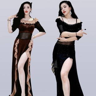 swegal肚皮舞服装2025新款一字领撒银冰丝拼网纱连衣裙性感东方舞