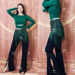 SWEGAL肚皮舞练功服新款2023动感鼓舞流苏裤练习表演服黑色不勒腰