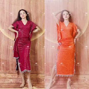 swegal肚皮舞练功服东方舞服装烫银蝴蝶亮片袍子大码中码显高优雅