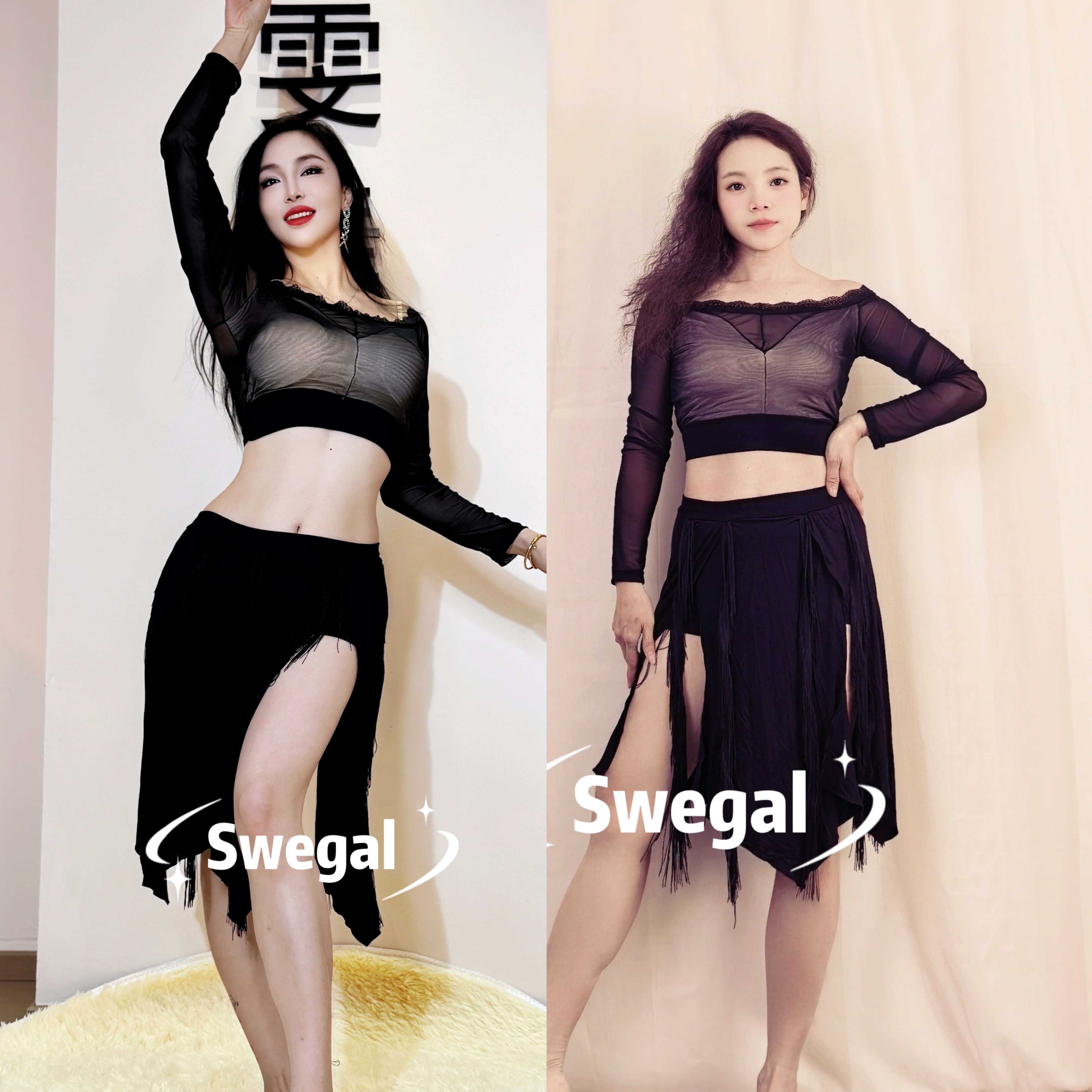 swegal肚皮舞练功服蕾丝花边一字领网纱上衣加鼓舞流苏短裙不勒腰