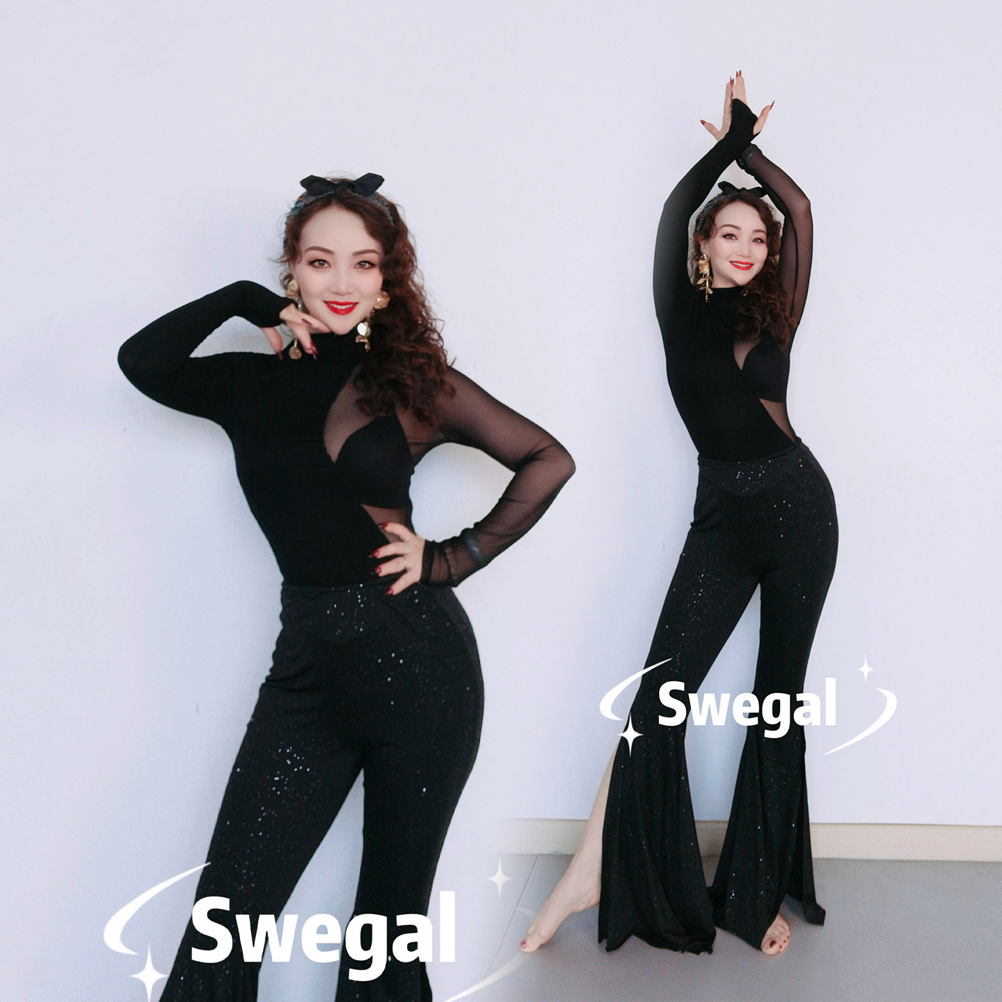 SWEGAL肚皮舞黑色莫代尔拼网纱连体上衣撒银大摆裤初学者大码百搭
