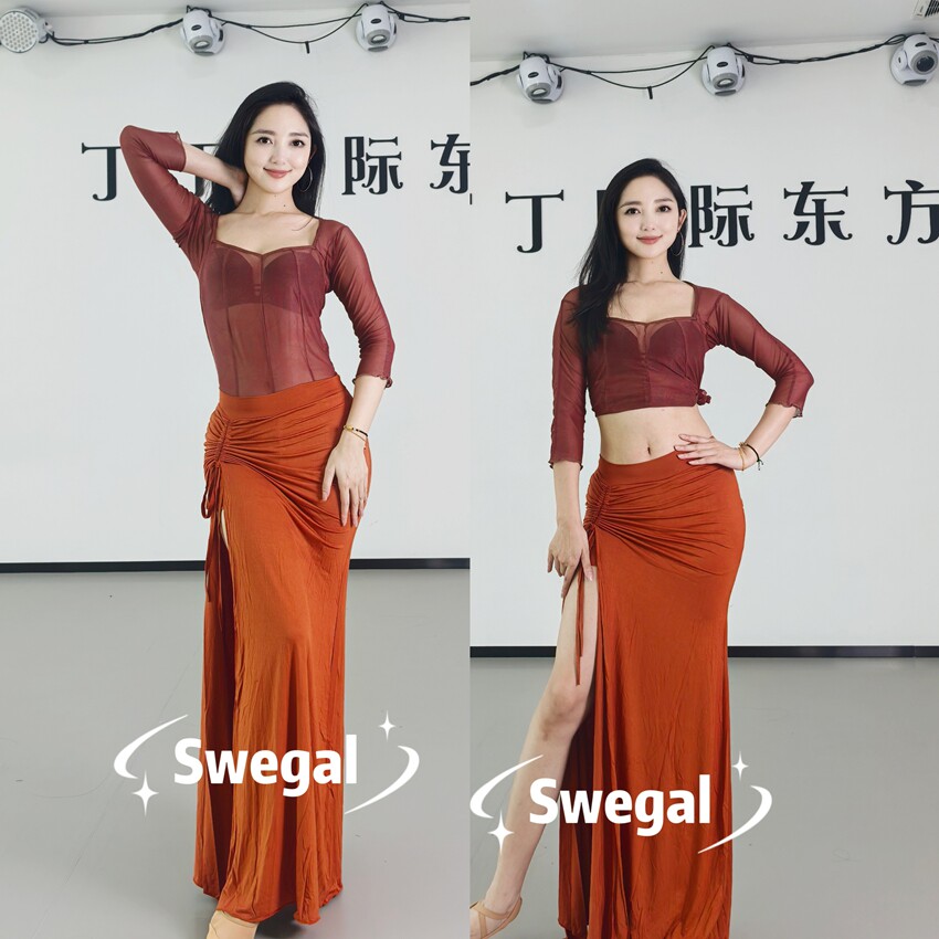 swegal肚皮舞练功服砖红印花网纱上衣焦糖色抽绳长裙套装性感