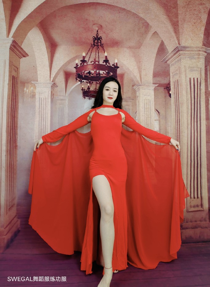 Swegal肚皮舞练习服2021女王范飘逸肩袖大摆裙背心裙表演服大师款