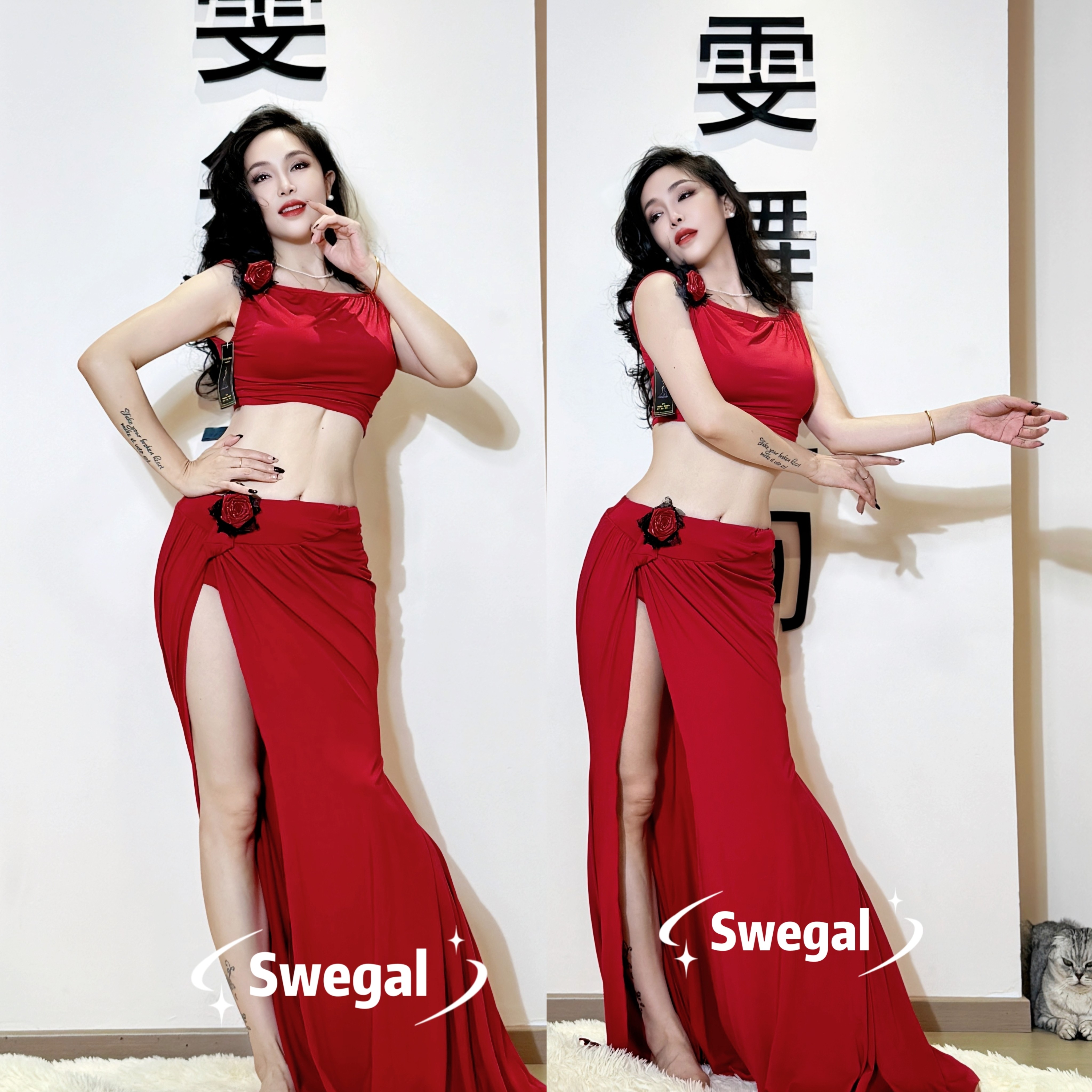 SWEGAL肚皮舞酒红干枯玫瑰新款练功服复古红东方舞修身百搭