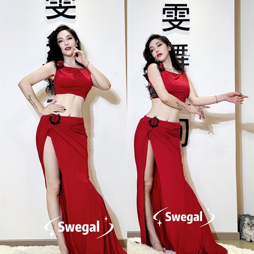酒红干枯玫瑰肚皮舞修身套装百搭