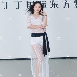 swegal肚皮舞袍子2025新款练习服白色波点网纱袍子baladi宽松胖MM