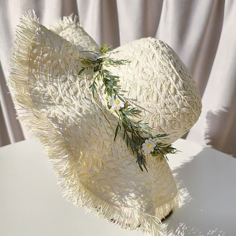 手工编织菊花草帽女士夏天凉帽遮阳帽出游沙滩帽夏季防晒帽太阳帽