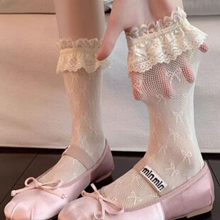 夏季薄款镂空蕾丝花边蝴蝶结中筒袜子安妮纯欲野蔷薇小腿袜堆堆袜