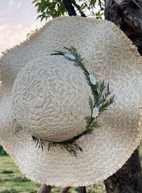 清新花饰~拉菲草帽手工编织帽女夏季出游度假百搭大檐防晒沙滩帽