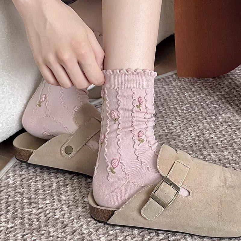 春夏新款田园风碎花玫瑰花袜子女中筒袜ins学院风可爱麻花堆堆袜