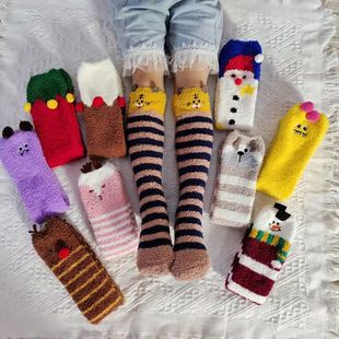 秋冬保暖加绒加厚珊瑚绒男女儿童长袜过膝袜子宝宝圣诞亲子地板袜