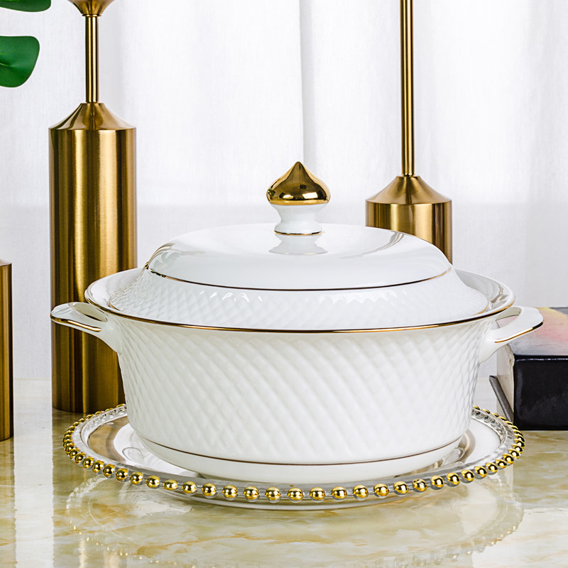 骨瓷金边双耳汤盆破损包退欧式