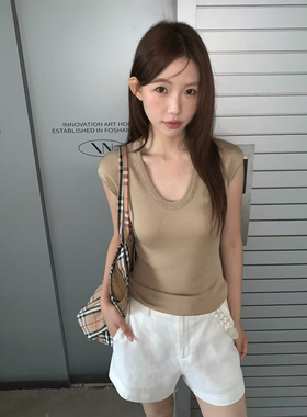 法式U领针织衫短袖t恤女夏短款2026修身显瘦百搭纯色v领上衣M8209
