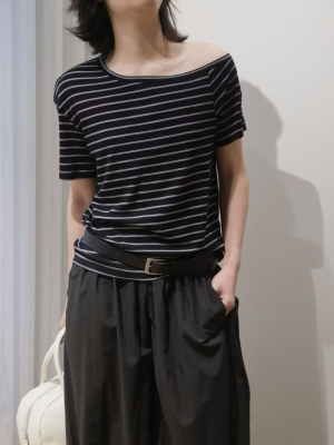 设计感韩系条纹短袖T恤女2026春夏新款宽松显瘦百搭亲肤斜肩上衣