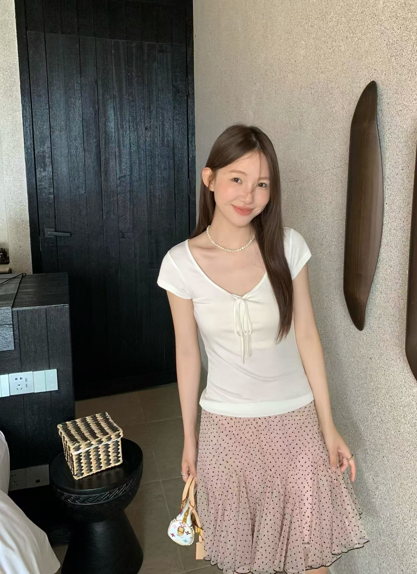 纯欲风U领系带短袖T恤女2026夏修身显瘦百搭上衣半袖体恤白T8169