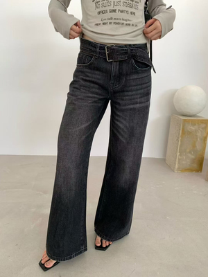 黑灰高腰直筒牛仔裤女2026新款阔腿裤梨形遮胯显瘦时髦休闲裤7230