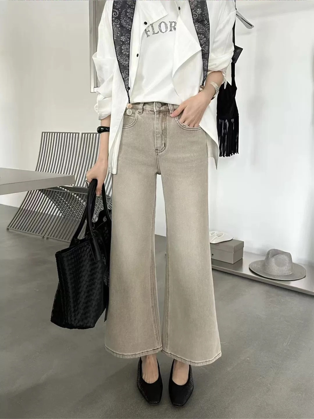 卡其色微喇牛仔裤女春夏季显瘦九分阔腿裤小个子直筒喇叭裤1202-1