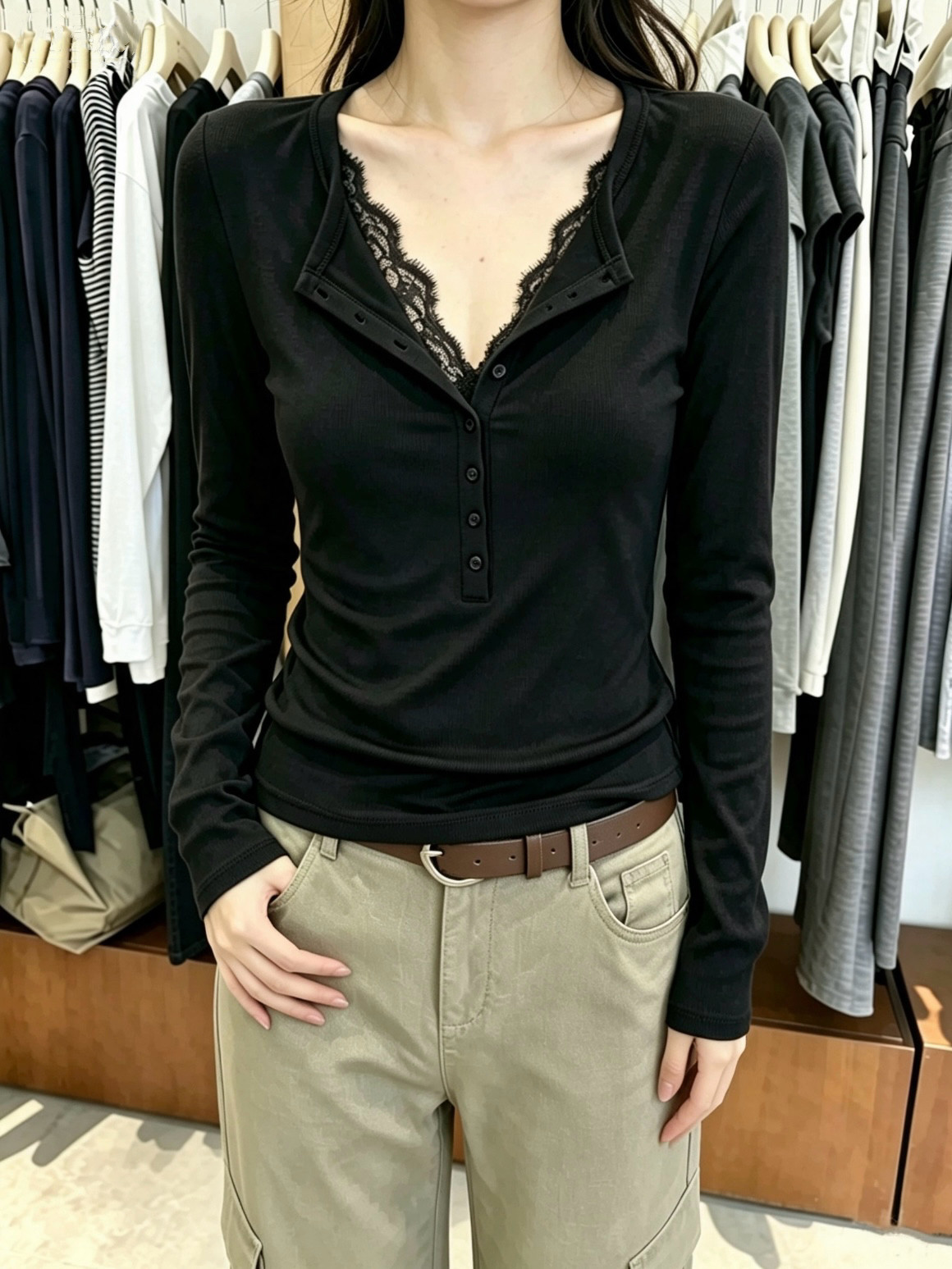 蕾丝V领长袖打底衫女秋装莱赛尔半开扣修身短款纯欲内搭上衣T8687