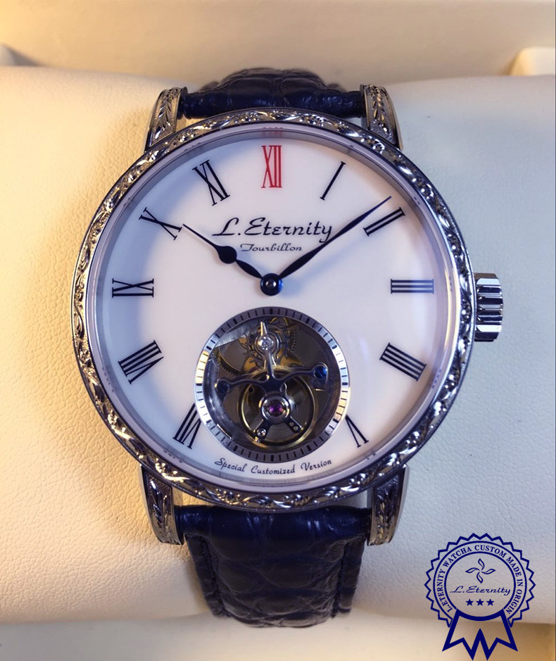 定制手表陀飞轮简约风格机械表烤蓝针红12限量雕花表壳个性手表