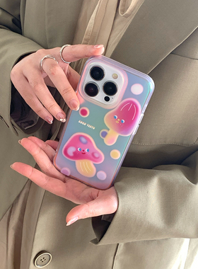 GoGo Teeth原创镭射紫色渐变蘑菇手机壳双层磨砂适用苹果iphone14promax梦幻13promax创意iphone15幻彩15pro