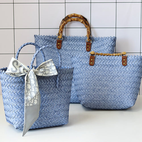 复古大容量仿藤片女士草编包