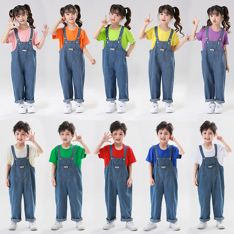 演出服男女童糖果色短袖牛仔背带裤幼儿园毕业班服拍照服装表演服