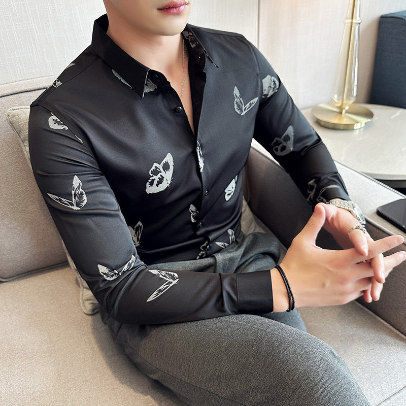 男士秋款 夜光蝴蝶精品印花长袖休闲衬衫潮623#P58图片