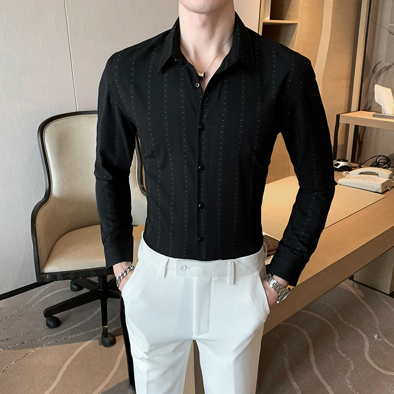 2025秋印花条纹男士韩版修身长袖衬衫店主英伦潮C6602#P65,男装衬衫,电商C309