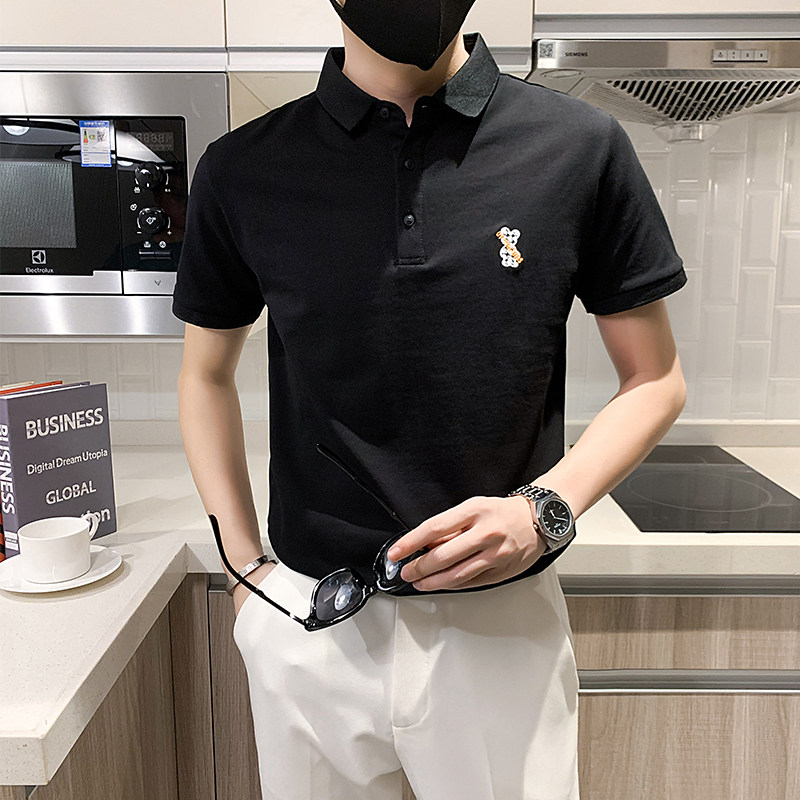 5511#夏款小熊刺绣印花男士polo衫潮小伙风翻领短袖T恤男P55,男装T恤,电商C309