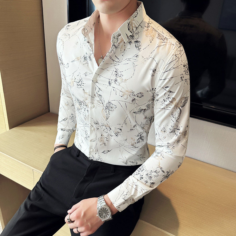 2025秋季新款金丝边叶印花男士精品长袖休闲衬衫潮621#P58,男装衬衫,电商C309